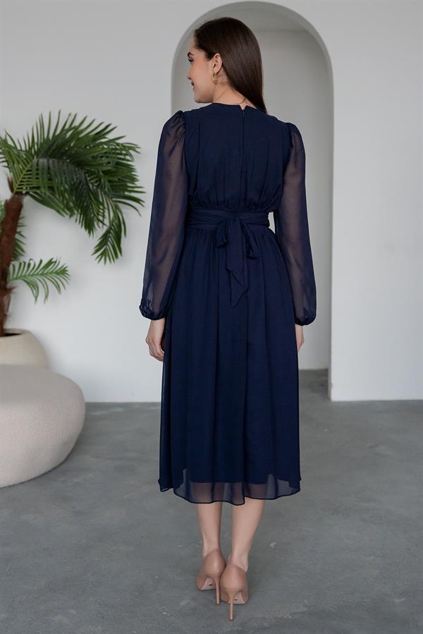 V-Neck Chiffon Dress - Navy Blue