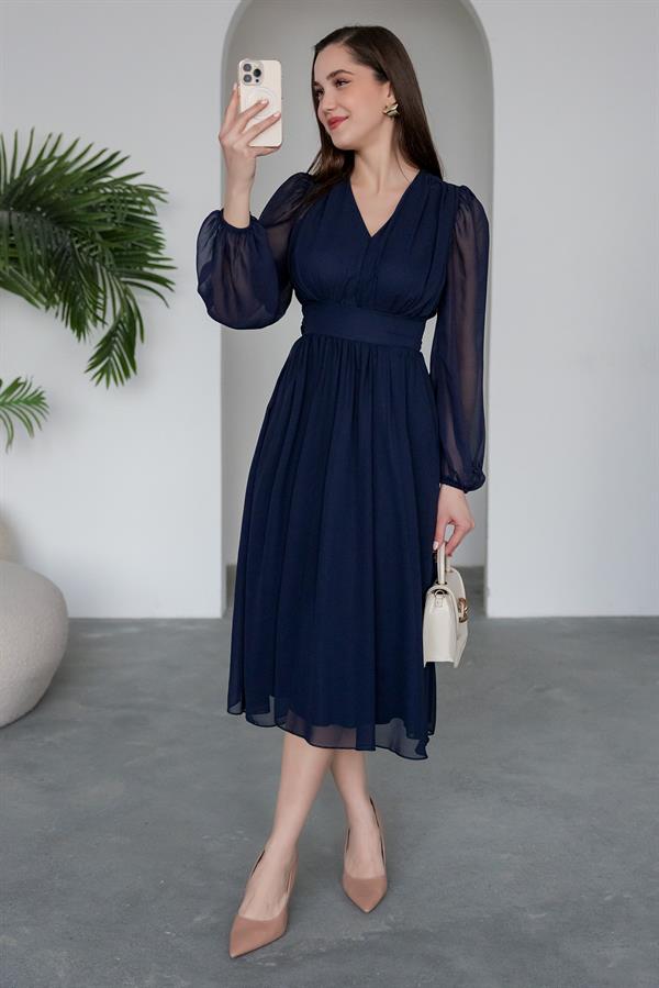 V-Neck Chiffon Dress - Navy Blue