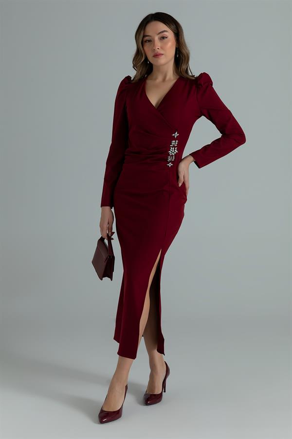 V Yaka Taş Detay Elbise - BORDO