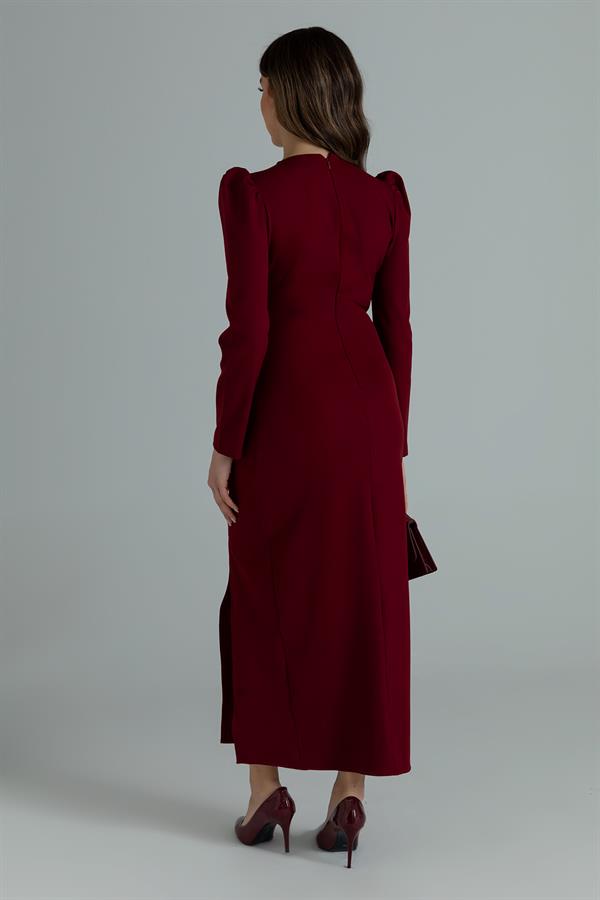 V Yaka Taş Detay Elbise - BORDO