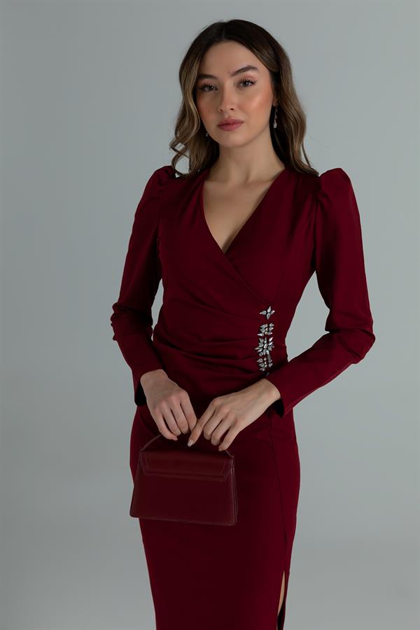 V Yaka Taş Detay Elbise - BORDO