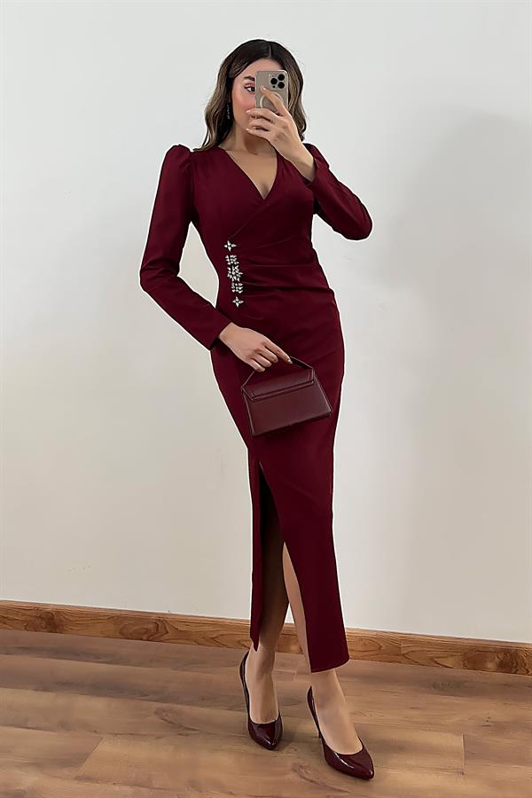 V Yaka Taş Detay Elbise - BORDO