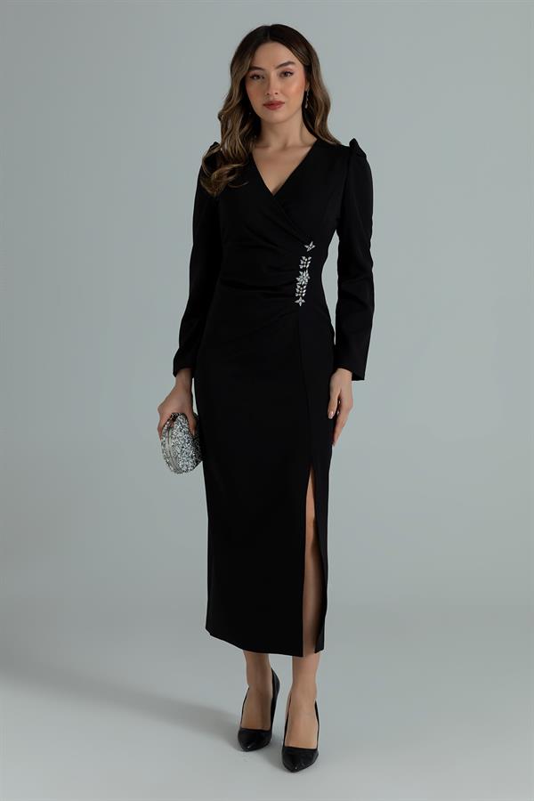 V Yaka Taş Detay Elbise - SİYAH