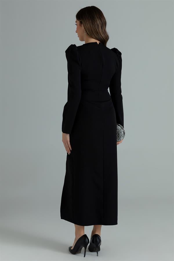 V Yaka Taş Detay Elbise - SİYAH