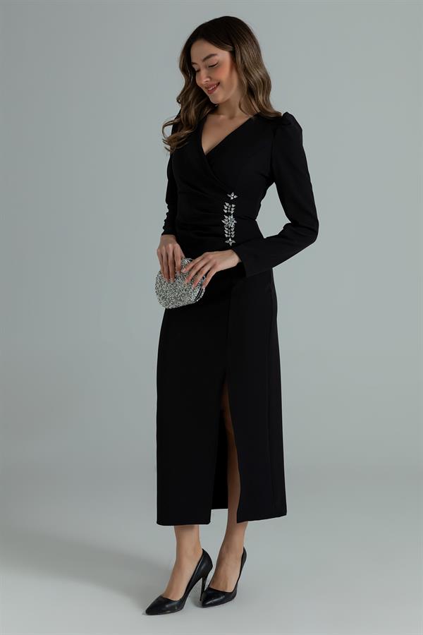 V Yaka Taş Detay Elbise - SİYAH