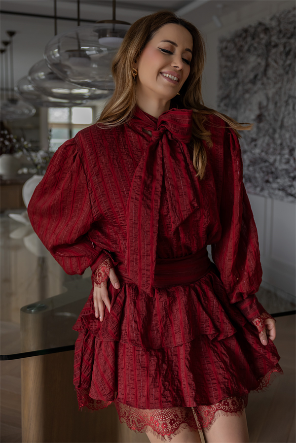 Vatkalı Dantel Detay Elbise - BORDO