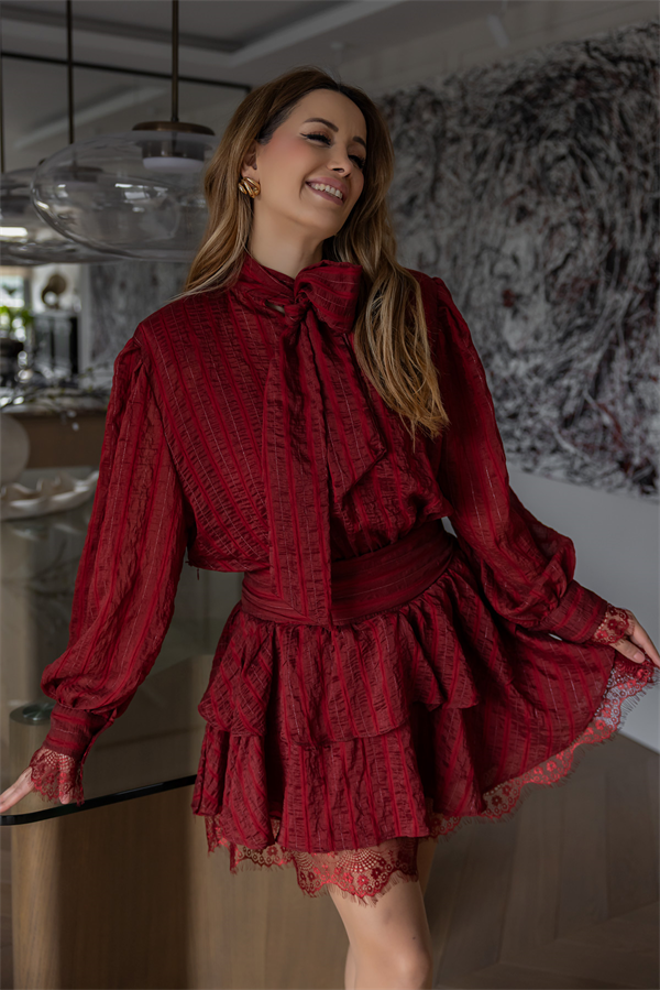 Vatkalı Dantel Detay Elbise - BORDO
