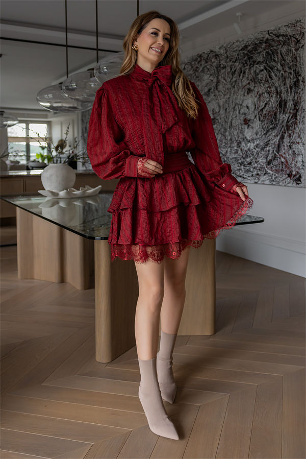 Vatkalı Dantel Detay Elbise - BORDO