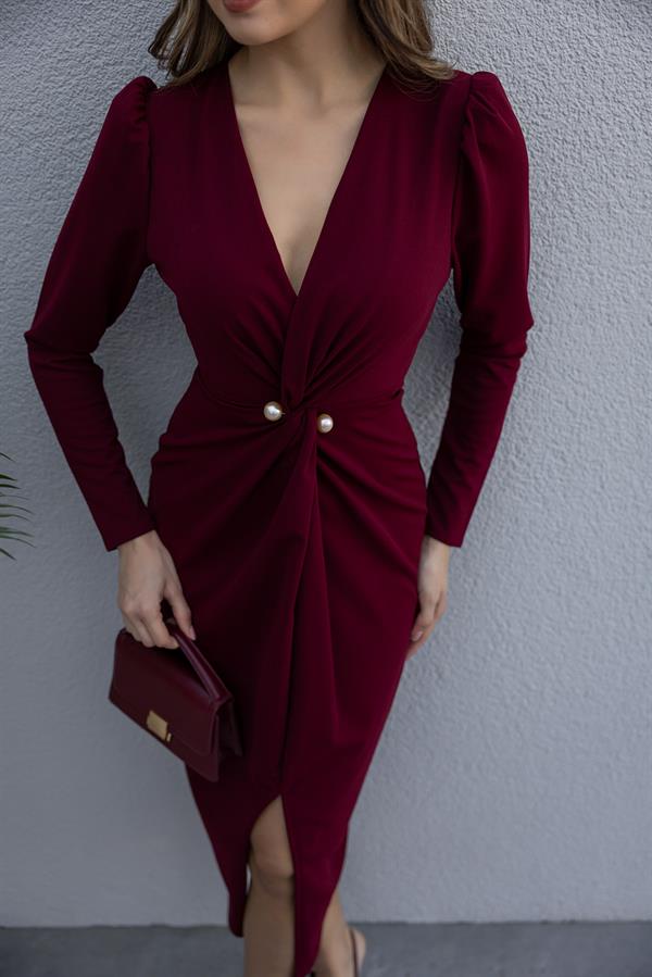 Vatkalı İnci Broş Elbise - BORDO