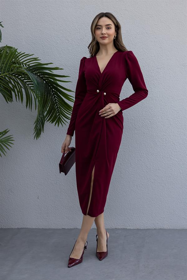 Vatkalı İnci Broş Elbise - BORDO