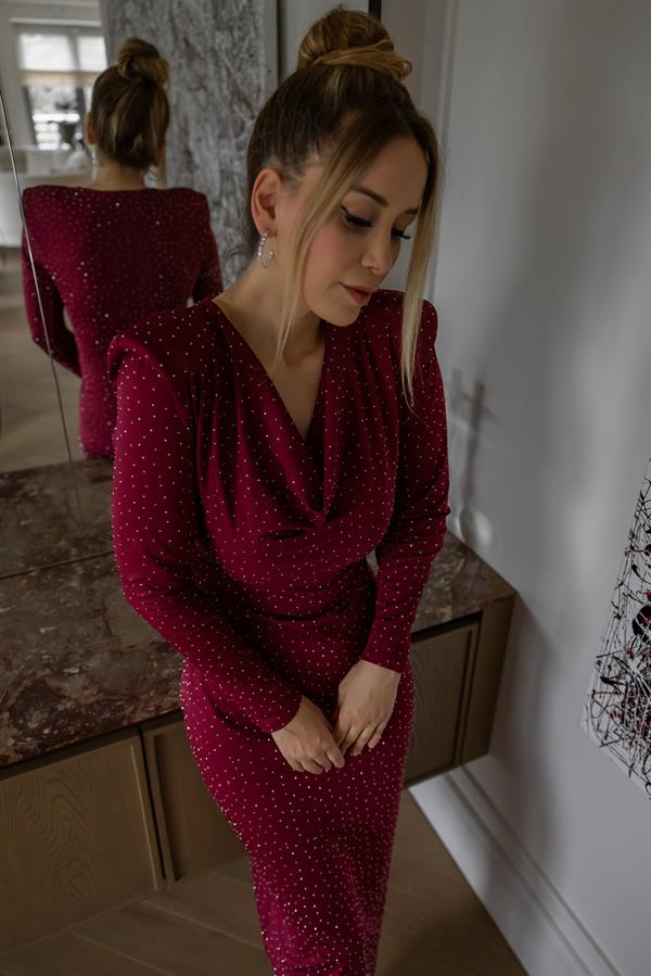 Vatkalı Işıltılı Elbise - BORDO