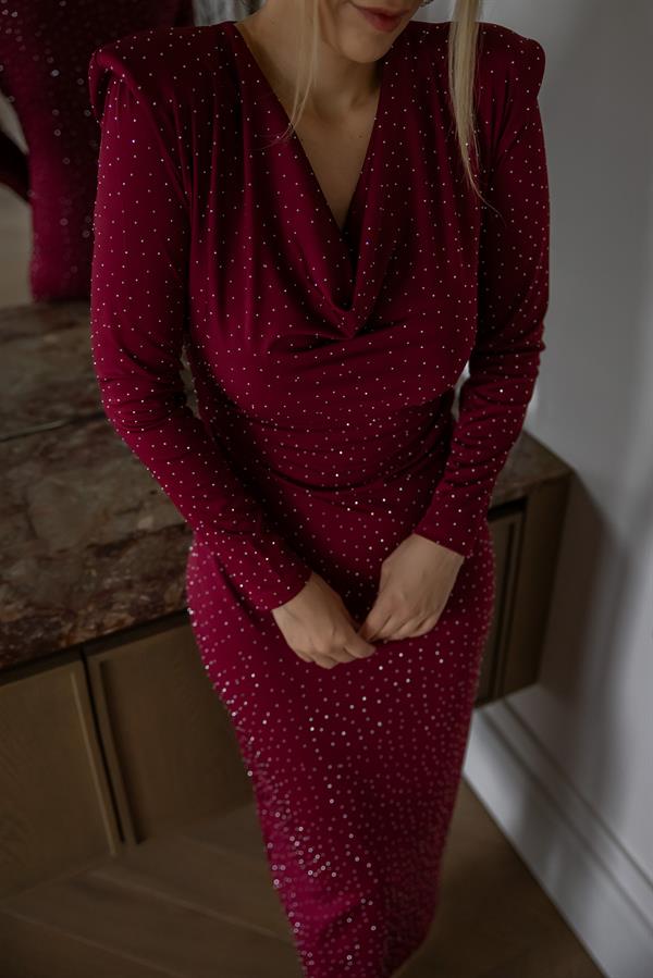 Vatkalı Işıltılı Elbise - BORDO