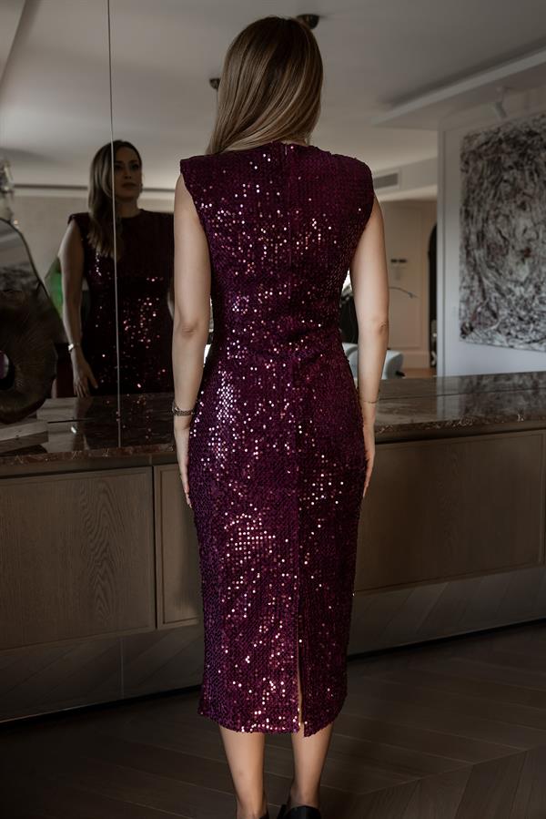 Vatkalı Payetli Elbise - MÜRDÜM