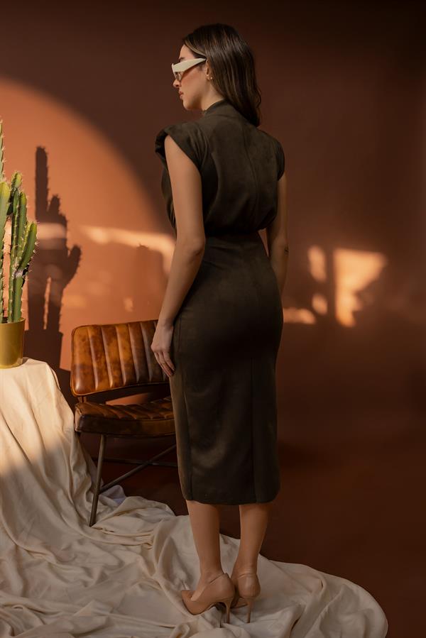 Vatkalı Süet Elbise - HAKİ