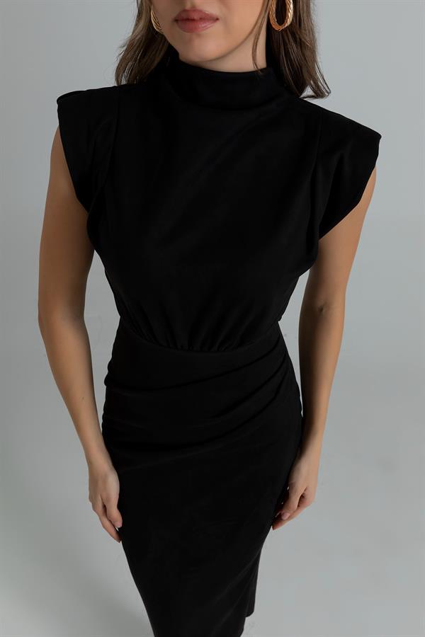 Vatkalı Süet Elbise - SİYAH