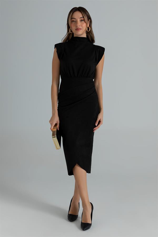 Vatkalı Süet Elbise - SİYAH