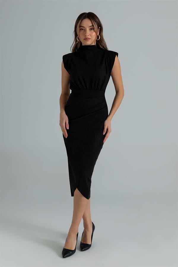 Vatkalı Süet Elbise - SİYAH