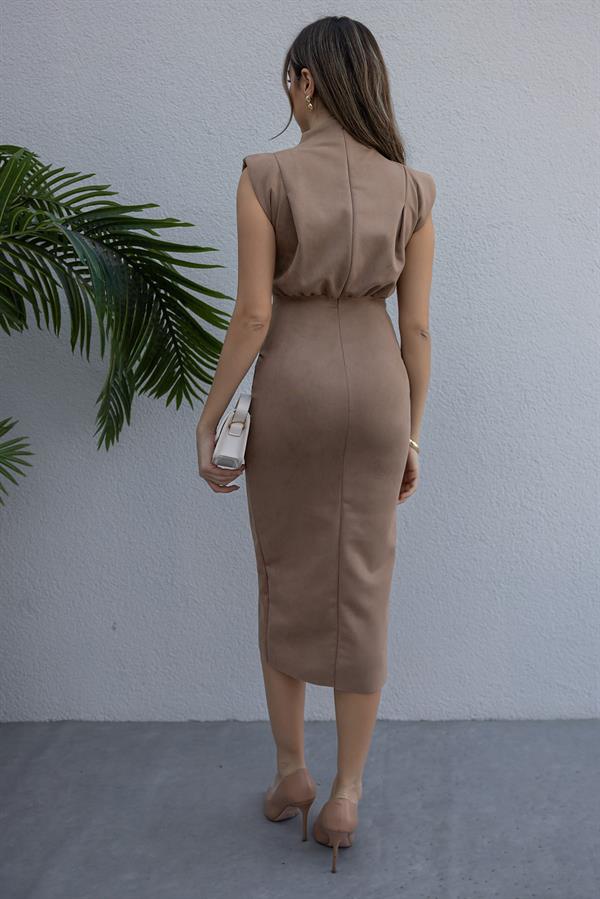 Vatkalı Süet Elbise - VİZON