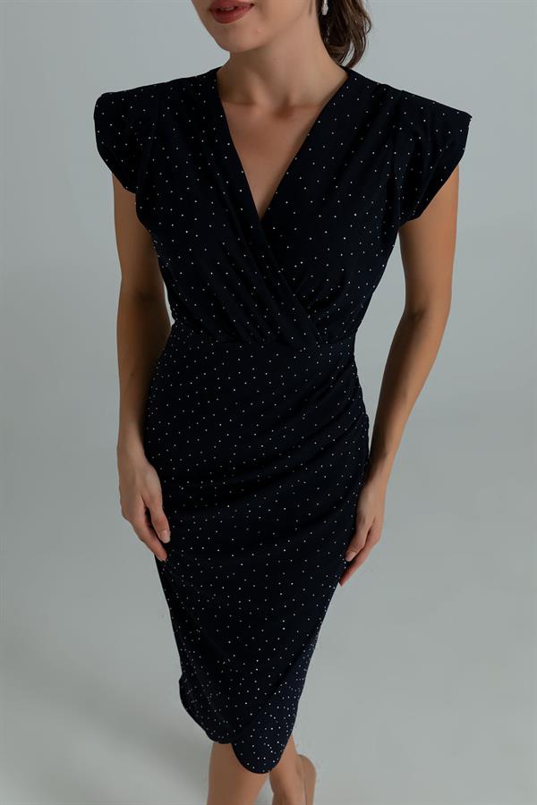 Vatkalı Taş İşlemeli Elbise - LACİVERT