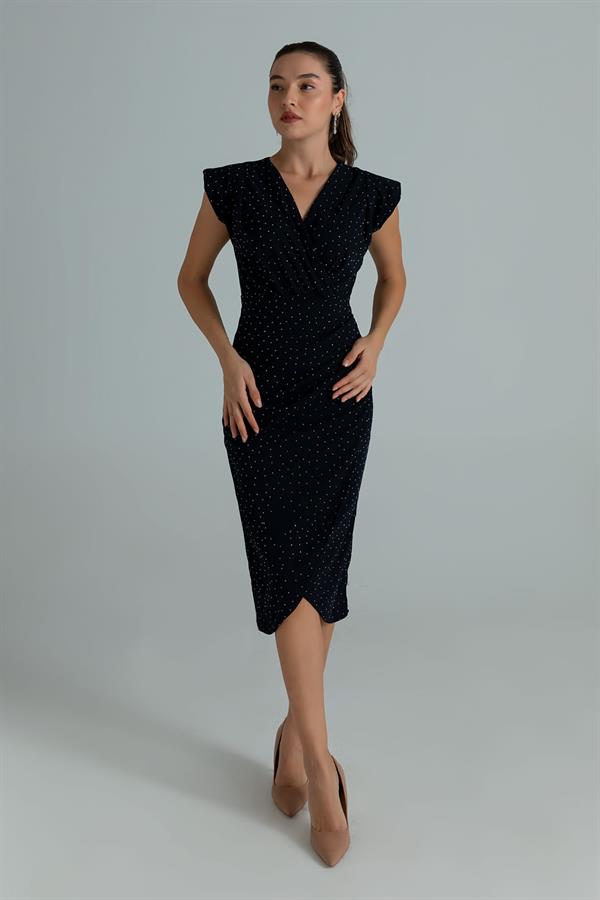 Vatkalı Taş İşlemeli Elbise - LACİVERT