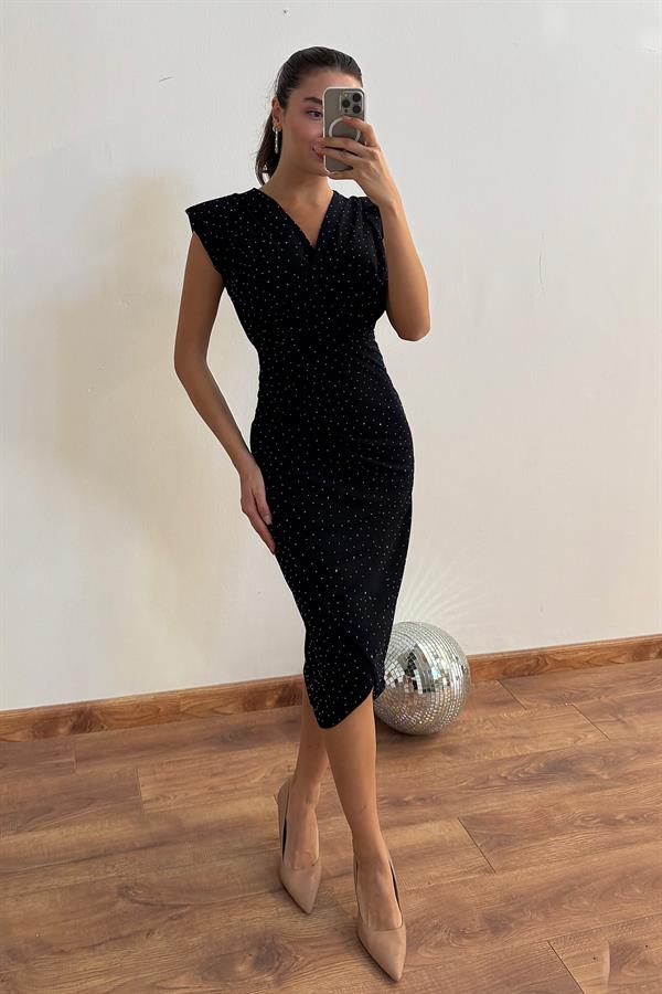 Vatkalı Taş İşlemeli Elbise - LACİVERT