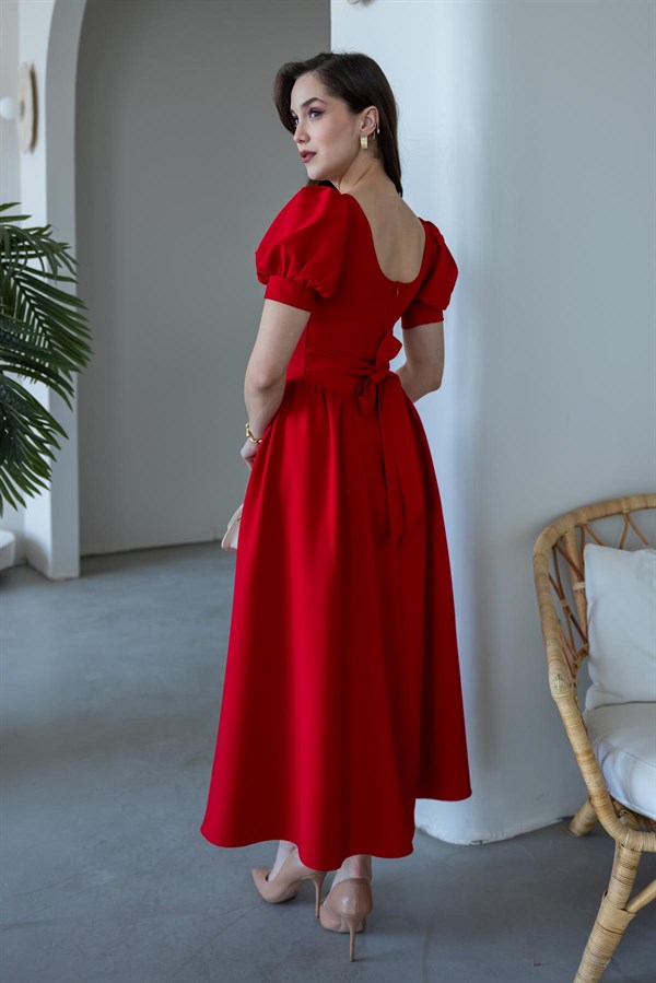 Volanlı Balon Kol Elbise - KIRMIZI