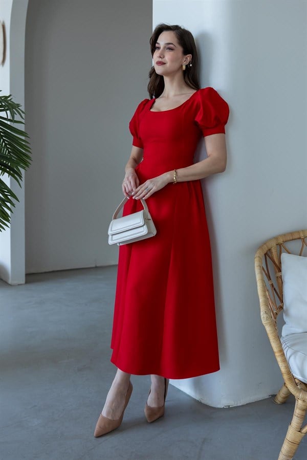 Volanlı Balon Kol Elbise - KIRMIZI