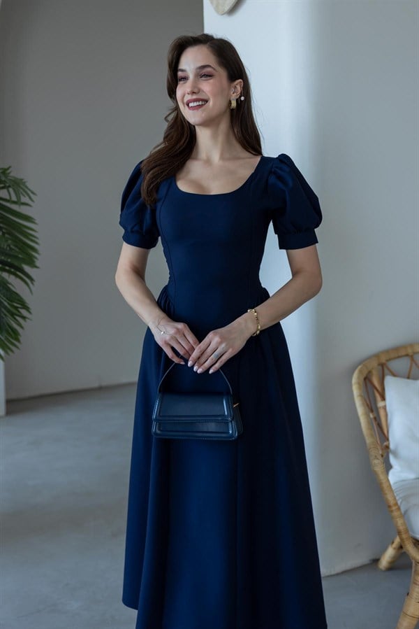 Volanlı Balon Kol Elbise - LACİVERT