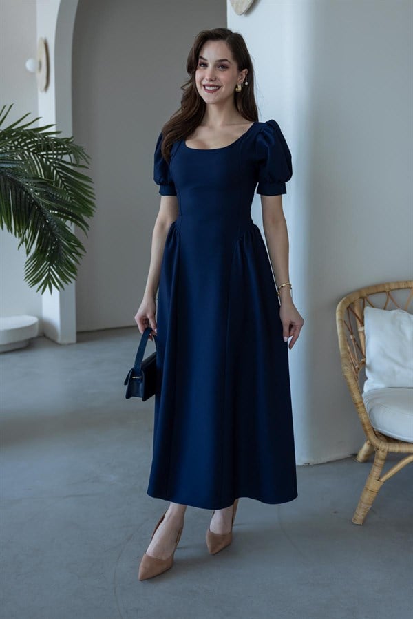 Volanlı Balon Kol Elbise - LACİVERT