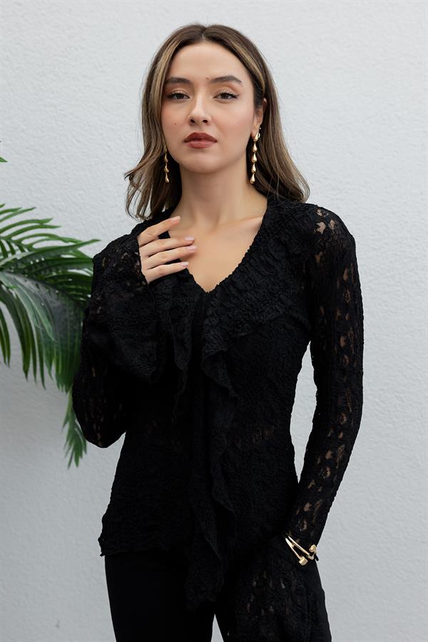 Volanlı Dantel Bluz - SİYAH