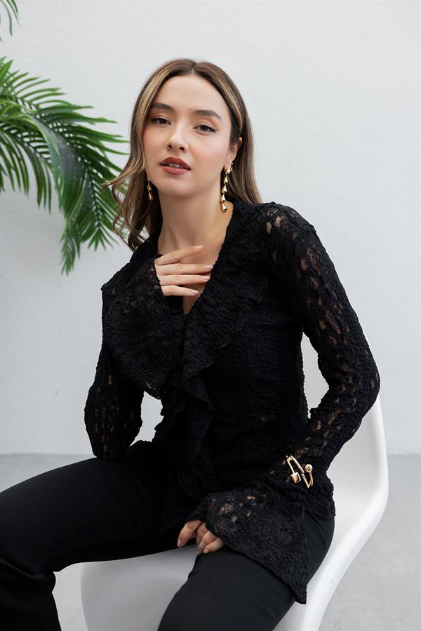 Volanlı Dantel Bluz - SİYAH