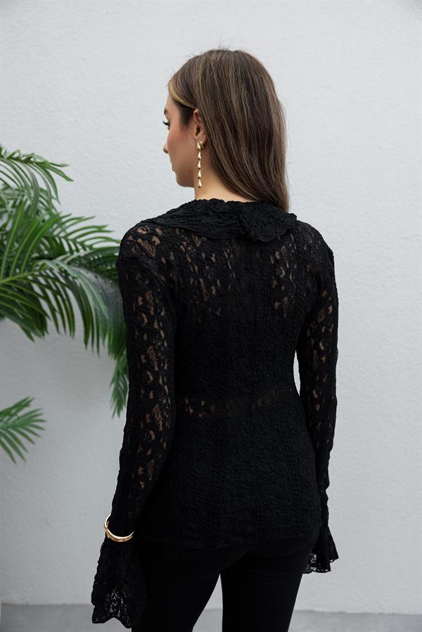 Volanlı Dantel Bluz - SİYAH