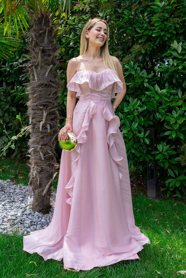 Volanlı Düğme Detay Abiye - PEMBE