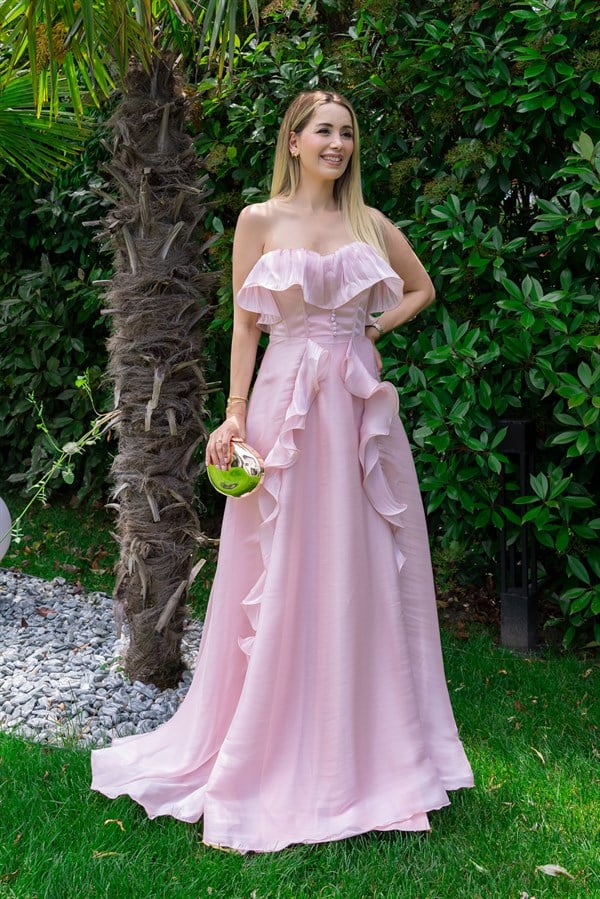 Volanlı Düğme Detay Abiye - PEMBE