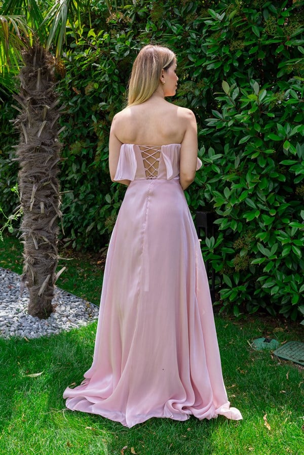 Volanlı Düğme Detay Abiye - PEMBE