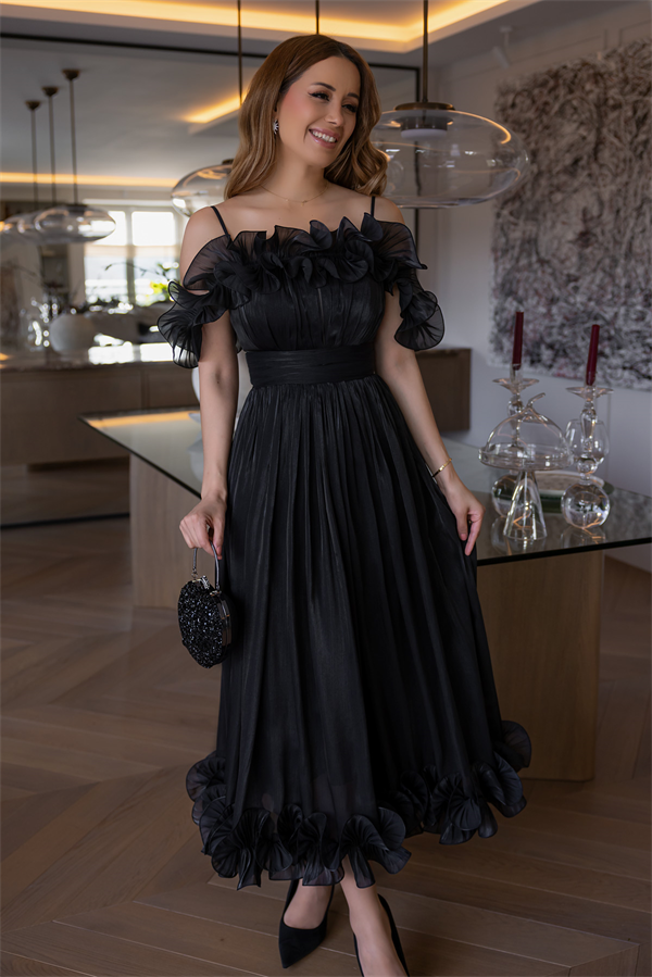 Volanlı Krinkıl Midi Abiye - SİYAH