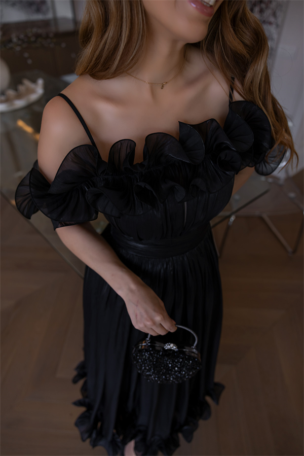 Volanlı Krinkıl Midi Abiye - SİYAH