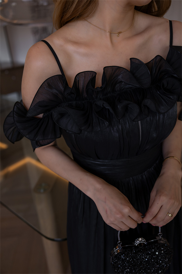 Volanlı Krinkıl Midi Abiye - SİYAH