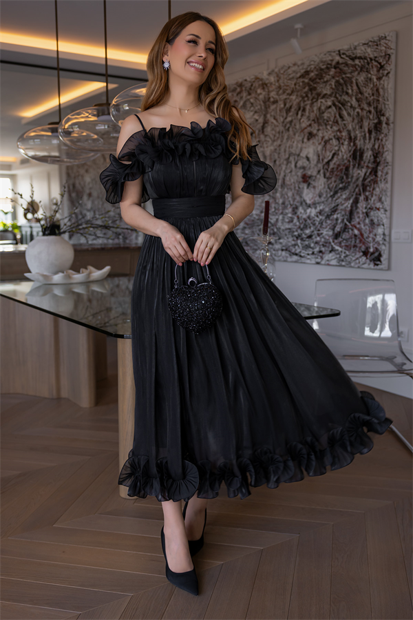 Volanlı Krinkıl Midi Abiye - SİYAH