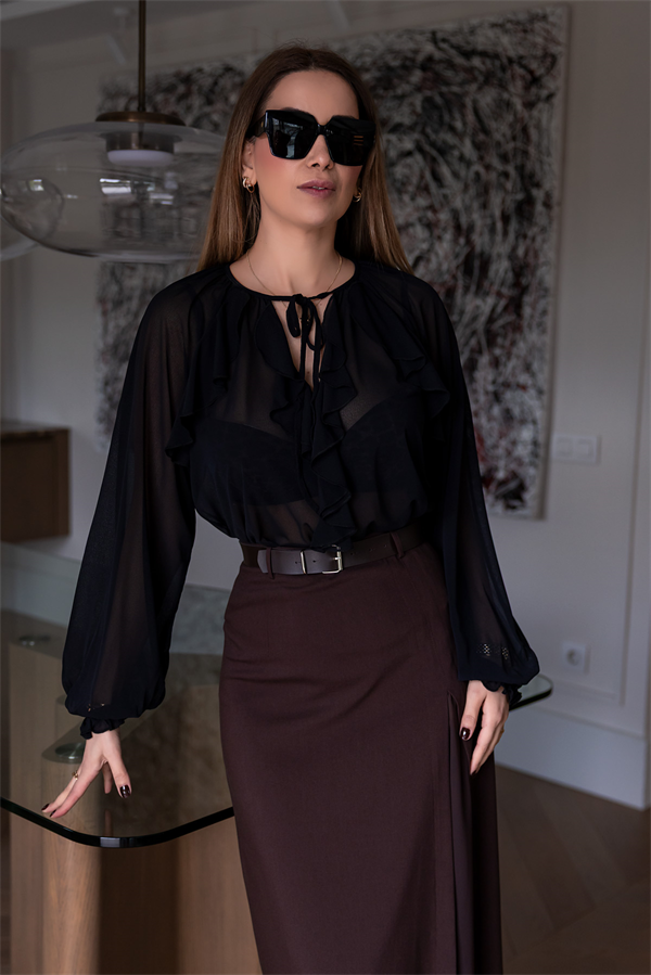 Yaka Bağlamalı Transparan Bluz - SİYAH