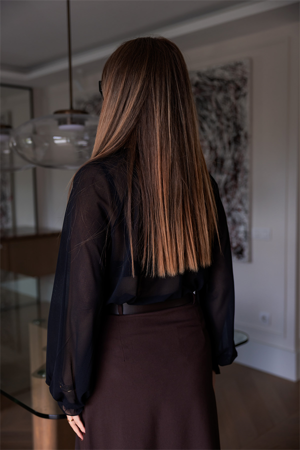 Yaka Bağlamalı Transparan Bluz - SİYAH