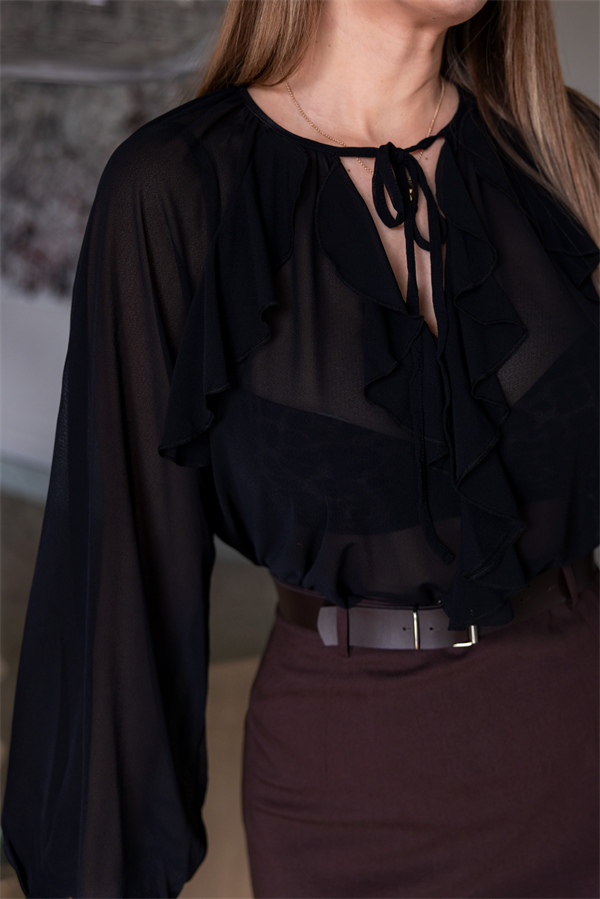 Yaka Bağlamalı Transparan Bluz - SİYAH