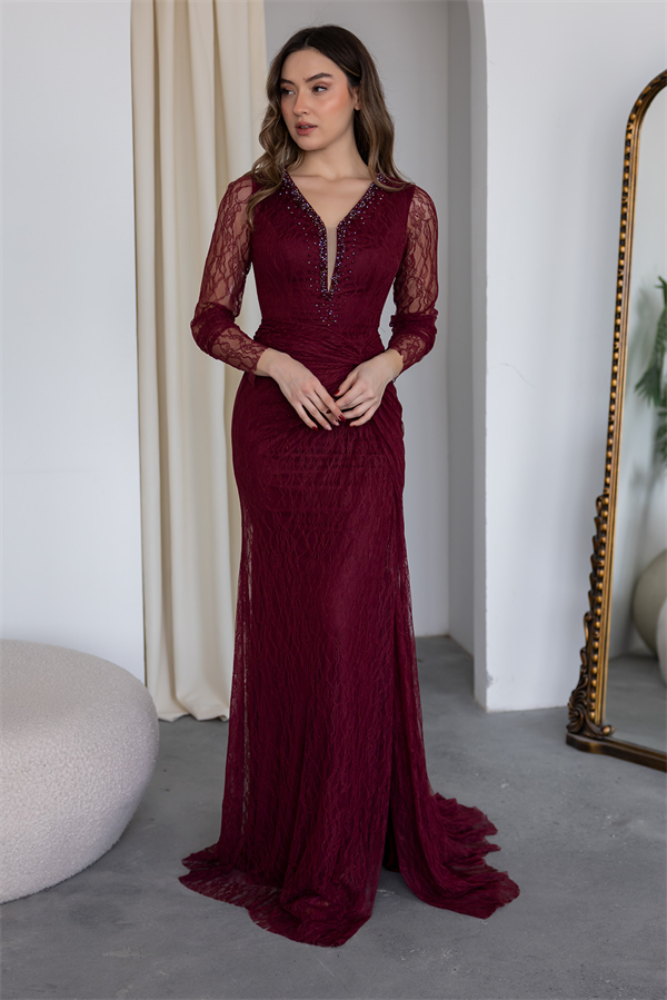 Yaka Boncuk İşlemeli Dantelli Abiye - BORDO