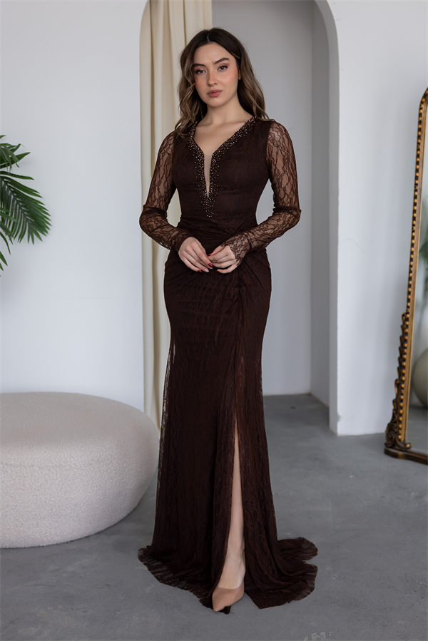 Yaka Boncuk İşlemeli Dantelli Abiye - KAHVERENGİ