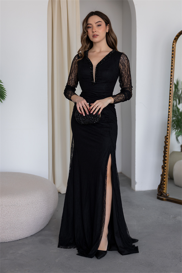 Yaka Boncuk İşlemeli Dantelli Abiye - SİYAH