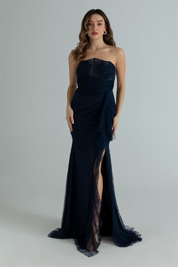 Yaka Boncuk İşlemeli Straplez Abiye - LACİVERT