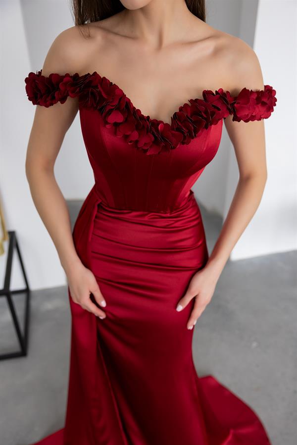 Satin Gown with Floral Collar - Burgundy