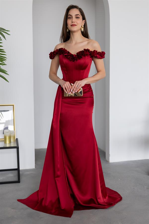 Satin Gown with Floral Collar - Burgundy