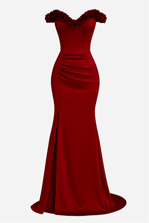 Satin Gown with Floral Collar - Burgundy
