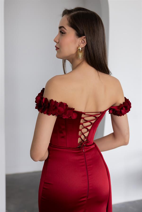 Satin Gown with Floral Collar - Burgundy